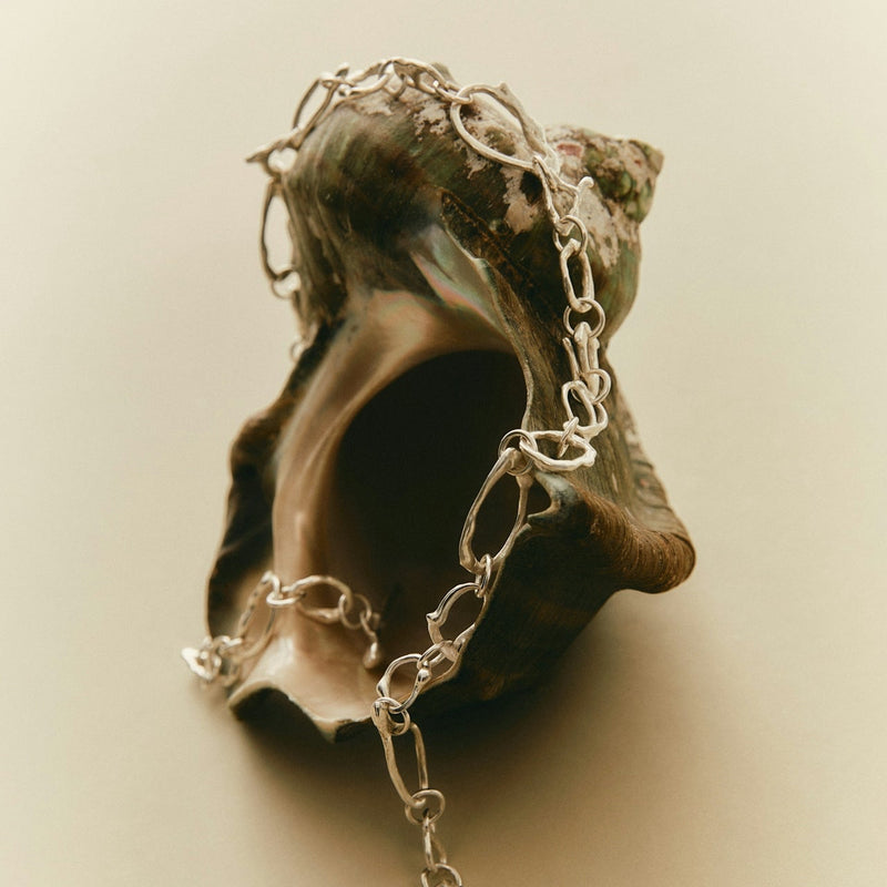 Silver chain bracelet on shell oyster and a textured beige background