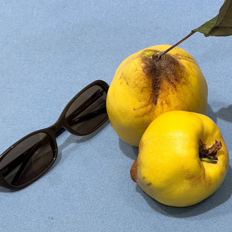 Two pears and a pair of sunglasses on a blue surface 
